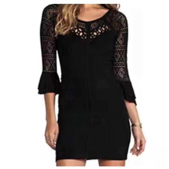 FREE PEOPLE BODYCON DRESS CROCHET LACE BLACK SZ M BELL SLEEVE GOTHCORE WHIMSICAL - Picture 2 of 16